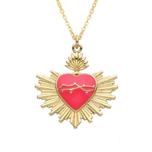 Hot Pink Sacred Heart Crown of Thorns Fiery Radiant Jesus Mary Catholic Necklace - Picture 2 of 16